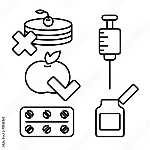Set of five vector icons in doodle style. Illustration of useful products that should be consumed when diagnosing diabetes. Insulin injection and other preventive manipulations.