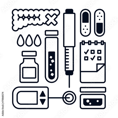 Set of vector elements on the theme of diabetes, images of equipment for measuring blood glucose levels. Black outline icons on a white background.