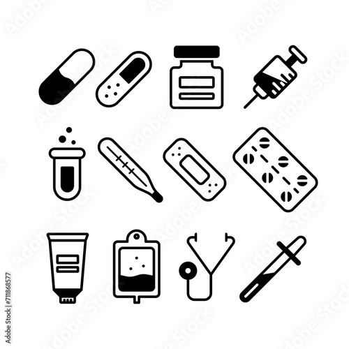 Vector set of 12 medical icons. Medical supplies image in flat style. Illustration of black icons on a white background.