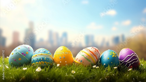 Colorful decorated easter eggs on green grass with city skyline