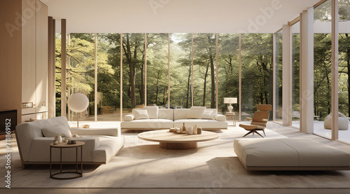 image of a large modern living room, in a style of harmony with nature, porcelain tiles, light orange and beige, focus on materials, glazed surfaces © CS Decor