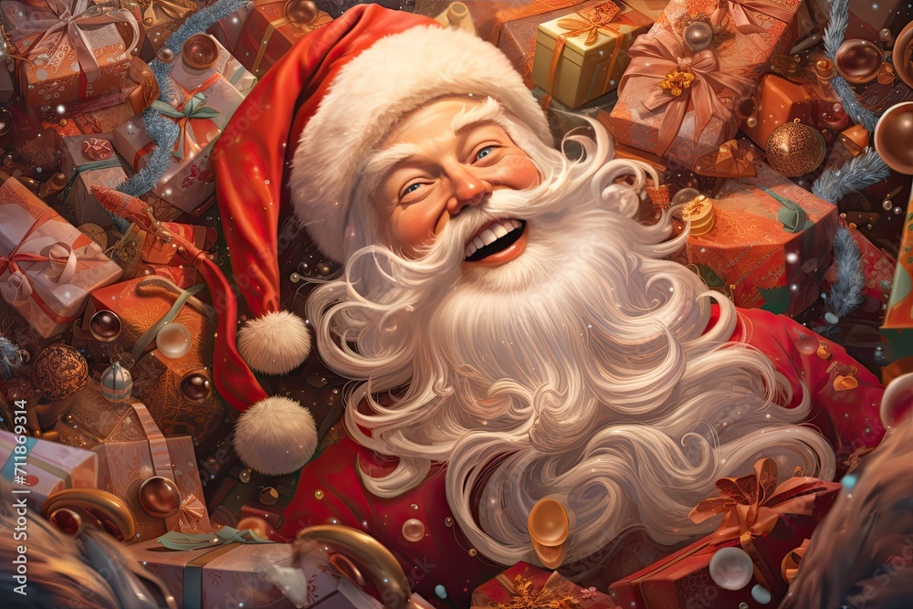 santa claus in his workshop opening christmas gifts