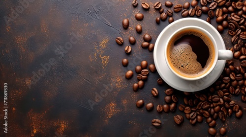 Top view background showcasing a cup of ready-to-drink coffee adorned with coffee beans. 