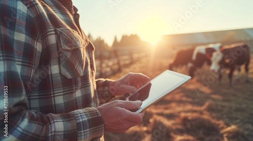 Farmer using tablet at sunrise in front of cattle on a farm photo