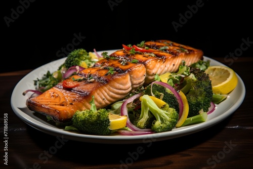 Grilled salmon fish fillet and fresh green leafy vegetable salad with tomatoes, red onion and broccoli. Healthy eating concept