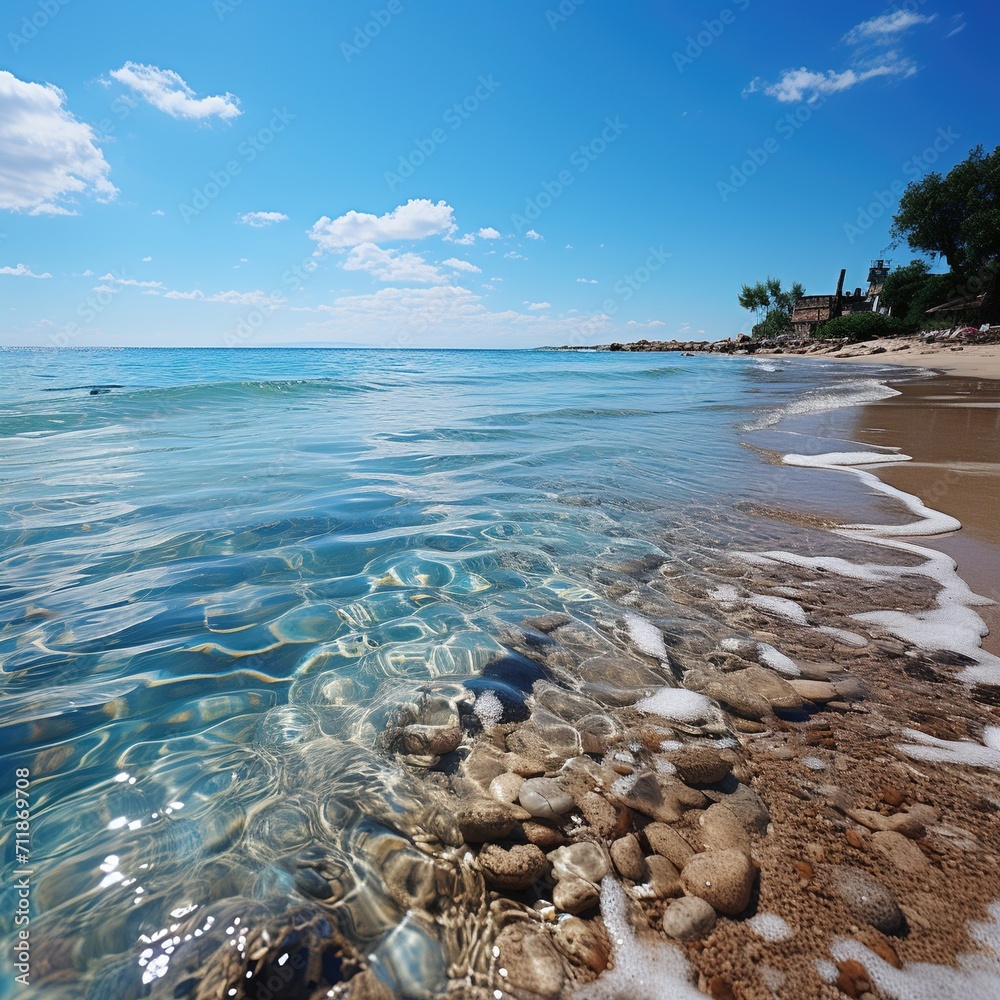 clear blue ocean water with small waves lapping at the shore