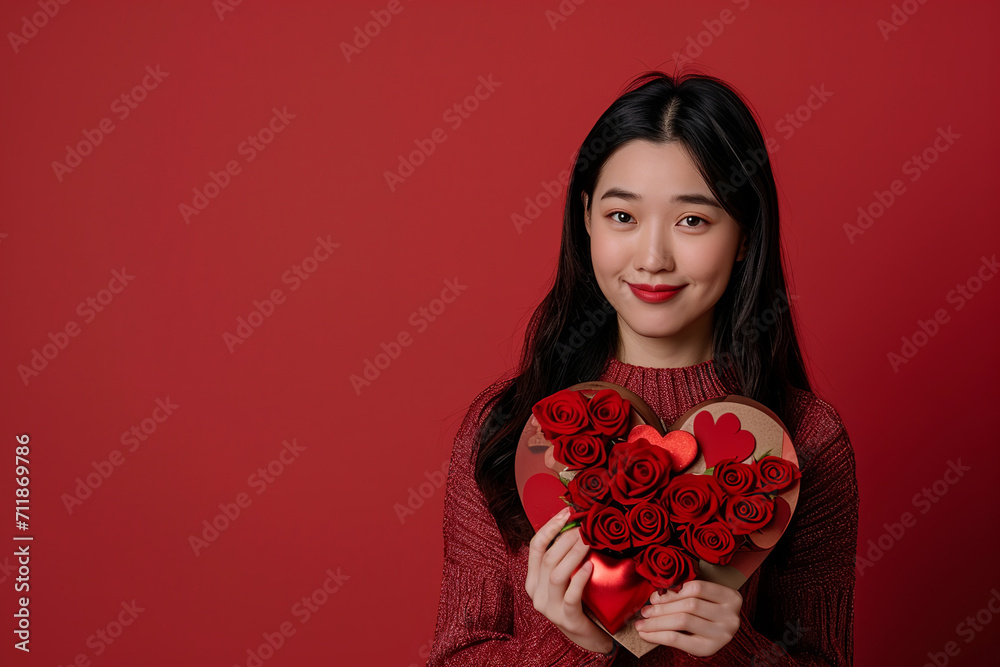happy handsome asian woman holds red and pink gift box, valentine's day, red background happy handsome asian woman holds red and pink gift box, valentine's day, red background