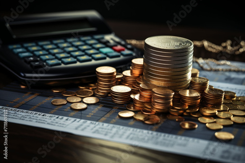 Coins piled beside a calculator and gold coins, depicting financial planning and budgeting. The setting suggests a professional financial environment.