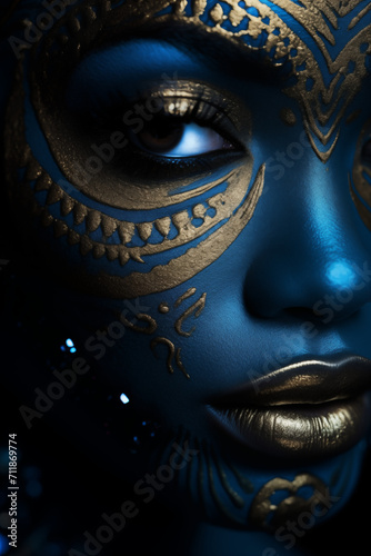 Mode und Hoher Kontrast, Gesicht einer afrikanischen Frau, gletscherblaue Augen, schillerndes, starkes Make-up, Wimpern, fraktale Muster, sorgfältige Details, dramatische Beleuchtung