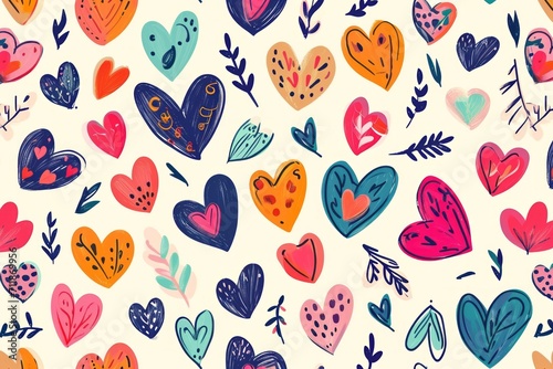 Abstract colorful seamless holiday pattern of hearts, flowers for valentine's day decorating on white background. Concept of wedding, love anniversary or Valentine's day celebtation photo