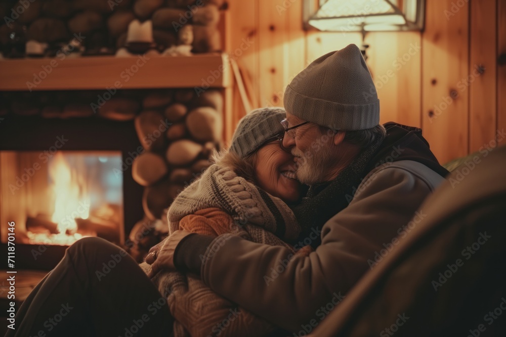 An elderly couple finds warmth and comfort in each other's embrace by the crackling fire, surrounded by memories of a lifetime together