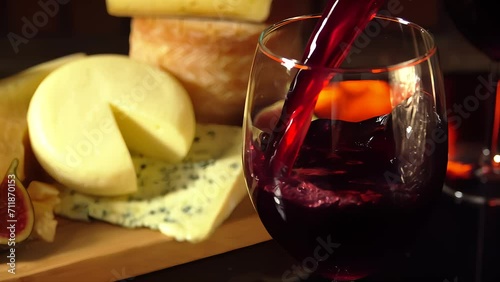close-up shot of red wine being poured into a glass glass against the background of sliced cheese and fire in the fireplace in slow motion. High quality 4k footage photo