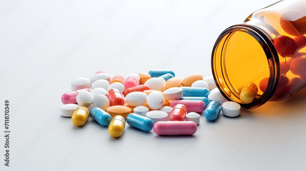 Bottle and scattered pills on a colored background, Space for text Bottle and scattered pills on a colored background, Space for text