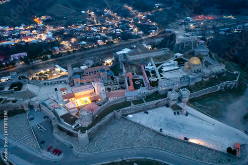 Scenic aerial view at twilight of Rabat castle and city center in Akhaltsikhe in the evening, Georgia