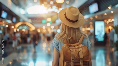Young woman traveler at the airport with hat and backpack photo