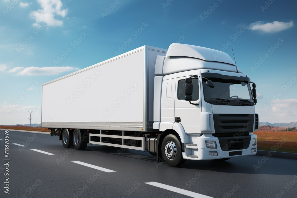 Cargo truck on road with a white blank mockup empty trailer