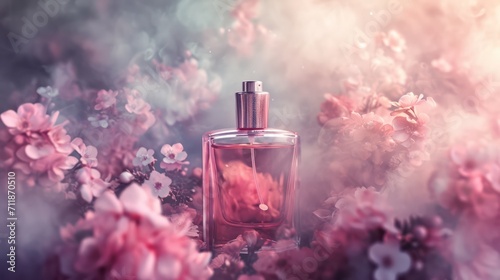 Perfume background with copy space, featuring a luxurious, feminine, elegant, and modern glass bottle set against an appealing backdrop