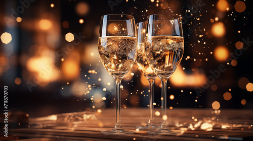 Three glasses of champagne with particles of gold stand in the evening, on the table