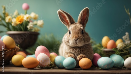 Easter bunny and easter eggs on wooden background. Happy Easter