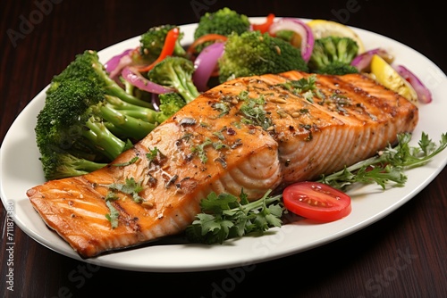 Grilled salmon fish fillet and fresh green leafy vegetable salad with tomatoes, red onion and broccoli. Healthy eating concept