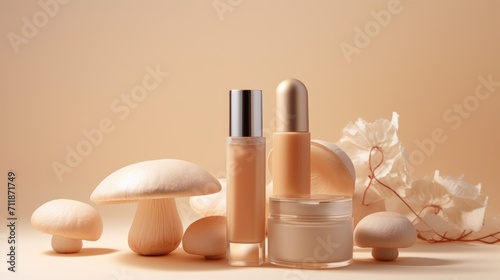 Concept of woman beauty cosmetic product from mushrooms. Mushroom-Based Cosmeceutical Formulations. Skincare trend. Natural organic beauty cosmetic product with fungi. Mycocosmetic