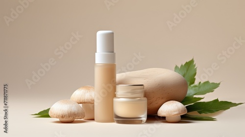 Concept of woman beauty cosmetic product from mushrooms. Mushroom-Based Cosmeceutical Formulations. Skincare trend. Natural organic beauty cosmetic product with fungi. Mycocosmetic