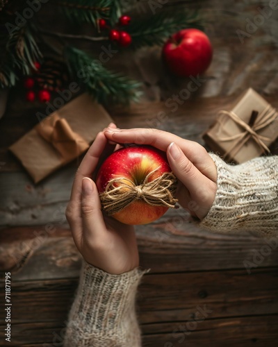 Rustic Christmas Concept with Hand Holding Apple