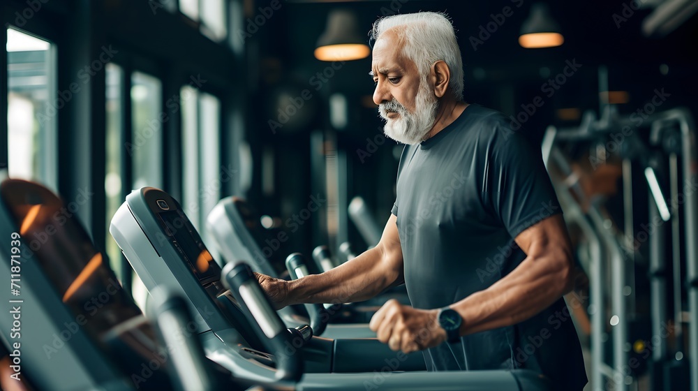 Senior indian asian man exercising on a treadmill at the gym - obrazy, fototapety, plakaty 