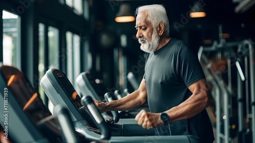 Foto Senior indian asian man on a treadmill at the gym