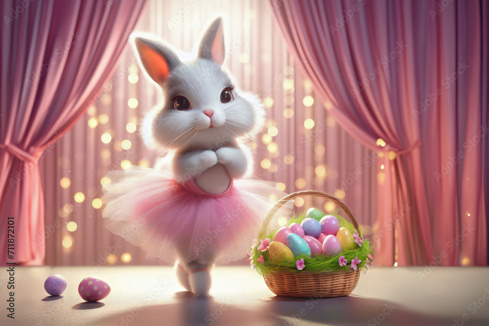 Fototapeta premium Easter bunny dressed as a ballerina next to a basket of eggs