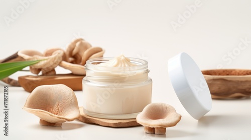 Cosmetic beauty product with mushrooms. Jar of skin care cream and mushrooms. Natural, organic cosmetics face cream, body cream, mask. Mushroom skin care