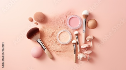 Flatly composition of beauty cosmetic product - brush, powder and mushroom on pink background, skincare trend, cosmetic mushrooms, organic eco friendly product Mushroom-Based Cosmeceutical Formulation