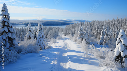 beautifully beautiful magnificent winter Sunny landscape with river and trees in frost . Beautiful winter christmas landscape with snow covered trees and forest calm river in frosty day.