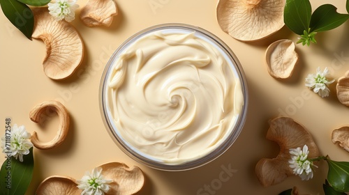 Top view flat lay composition of jar of skin care cream and reishi mushroom on a white background, skin care trend, cosmetic mushrooms, natural organic eco - friendly product. Mushrooms beauty product photo