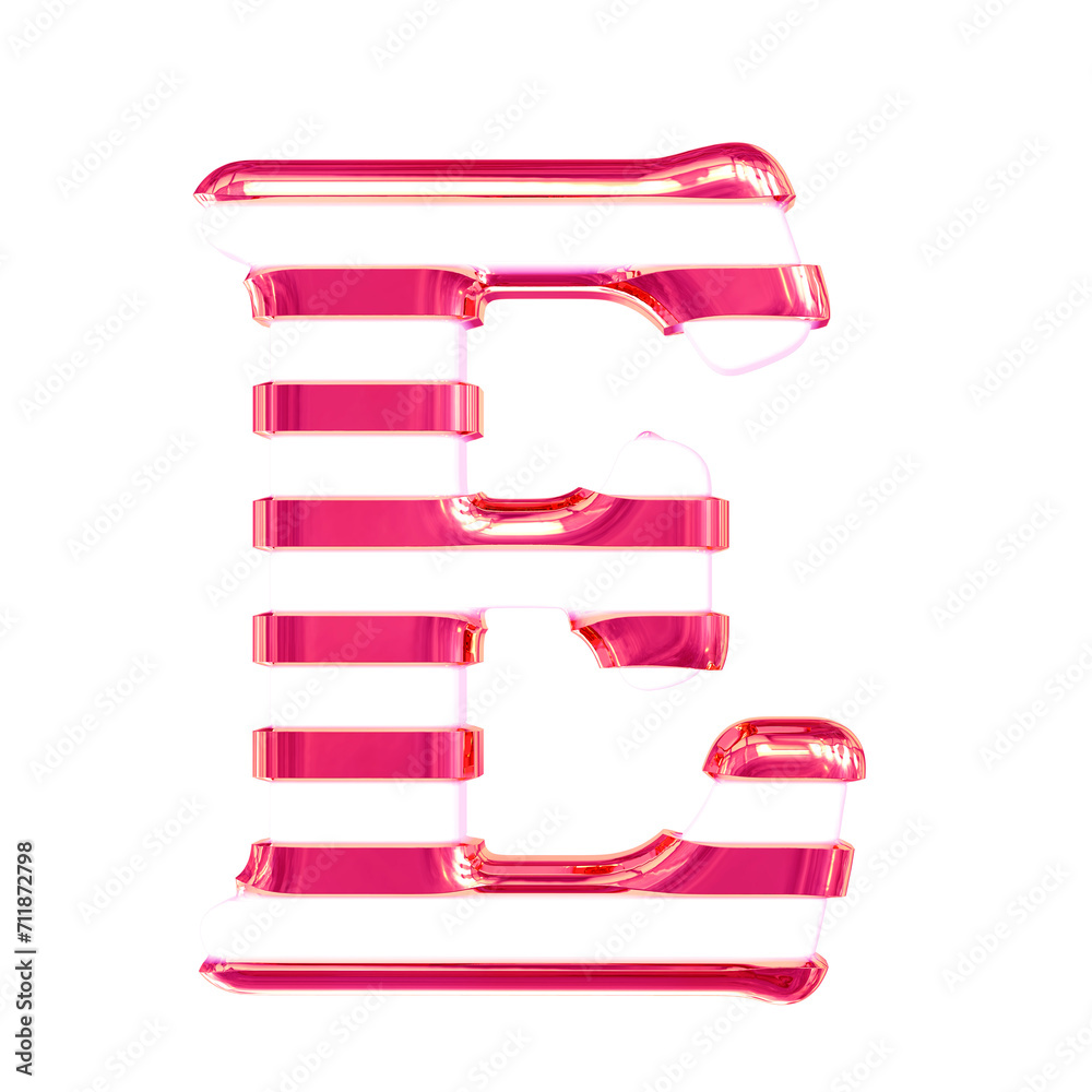 White symbol with thin pink horizontal straps. letter e