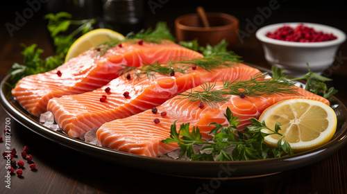 raw salmon fillets on aluminium trey with lemon and spices. salmon fillet with lemon , herb and spices, fresh raw salmon fish on ice for cooking ,food seafood, salmon fish