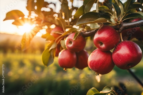 Branch with natural apples on blurred background of apple orchard in golden hour. Concept organic, local, season fruits and harvesting
