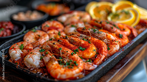 Grilled tiger shrimps with spice and lemon. Grilled seafood.. Shrimps prawns brochette kebab. Barbecue srimps prawns. Delicious roasted shrimps on plate with lemon. Menu concept. photo