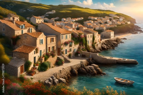 charm of a small American coastal town  with charming houses nestled along the shoreline as waves gently caress the sandy beaches in the early morning light