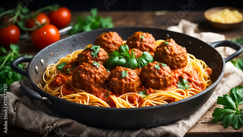 Delicious appetizing meatballs with spaghetti, tomato sauce in the kitchen recipe
