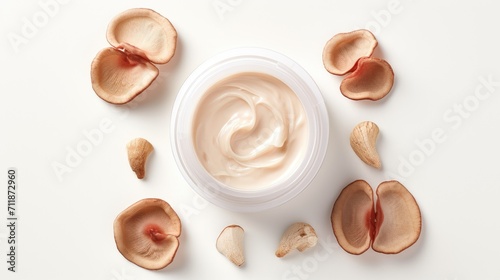 Top view flat lay composition of jar of skin care cream and reishi mushroom on a white background, skin care trend, cosmetic mushrooms, natural organic eco - friendly product. Mushrooms beauty product