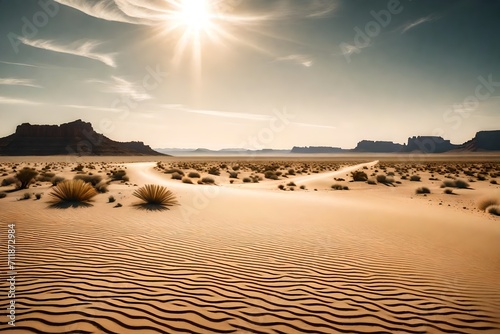 Transport viewers to a remote American desert  capturing the stark beauty of vast  sandy landscapes under the dramatic play of sunlight and shadows