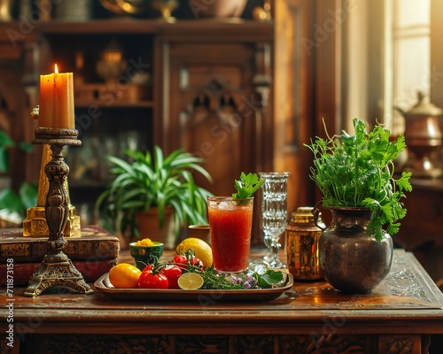 Classic Bloody Mary Cocktail with Rustic Backdrop