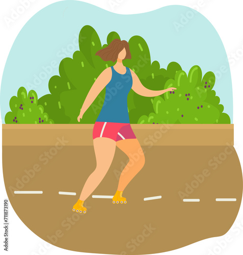 Young woman rollerblading in park, Casual female skater enjoying outdoor activity. Recreational skating and summer leisure vector illustration.