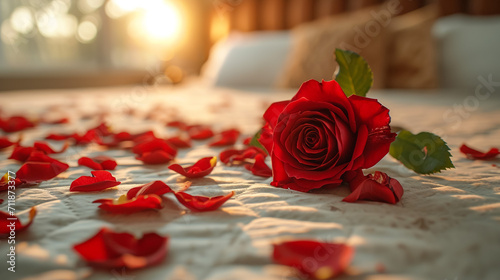 Red rose Place on a clean white bed. And a red rose petals strewn around.