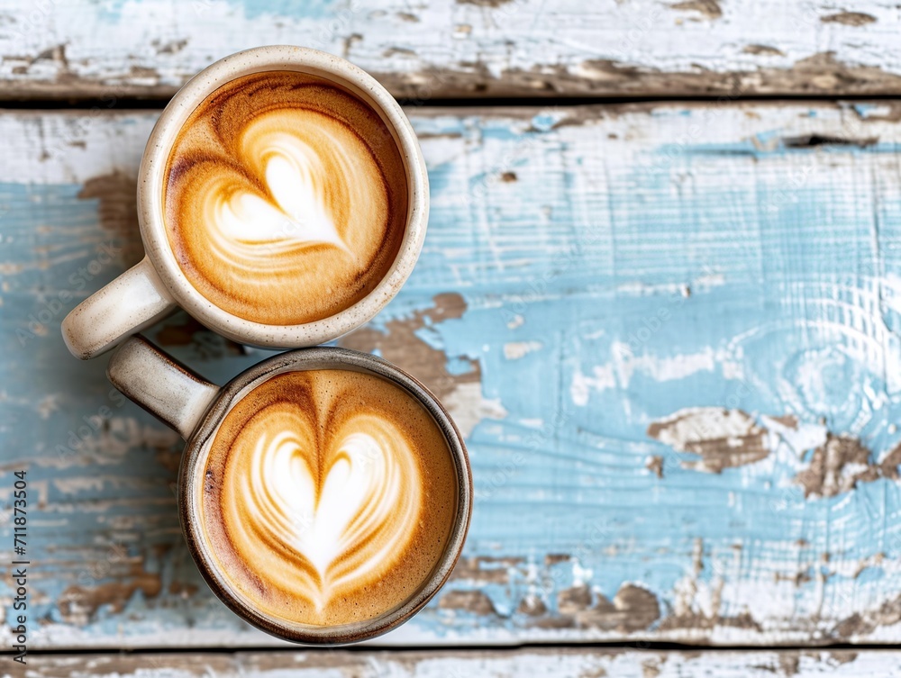 Two cups of coffee, with a heart drawing on the coffee. Valentine's Day. Two cups of coffee, with a heart drawing on the coffee. Valentine's Day.