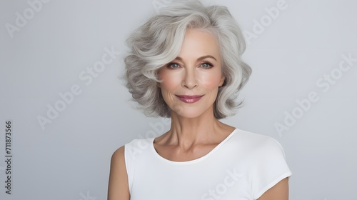 Glamorous middle aged senior lady with grey hair on a grey background