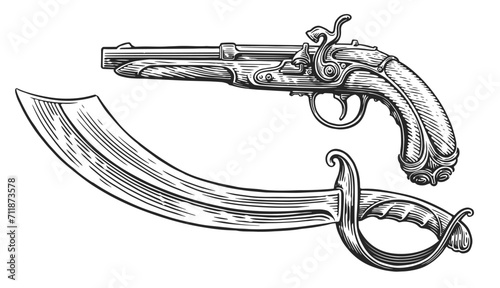 Vintage gun and saber of pirate. Ancient musket or pistol, sword sketch. Hand drawn vector illustration