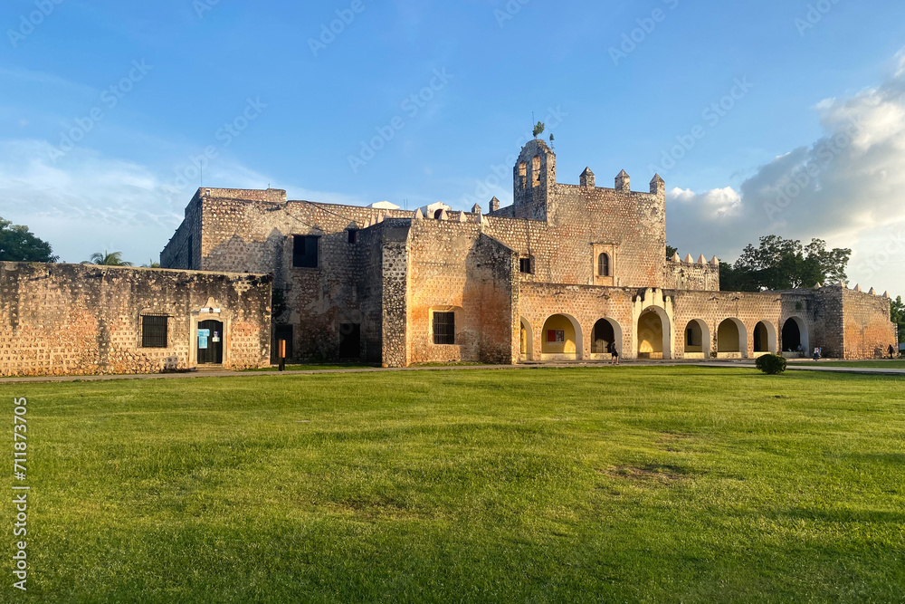 The Mexican Convent of San Bernardino of Siena in the city of Valladolid (Mexico) under the beautiful sky of the Yucatan Peninsula.