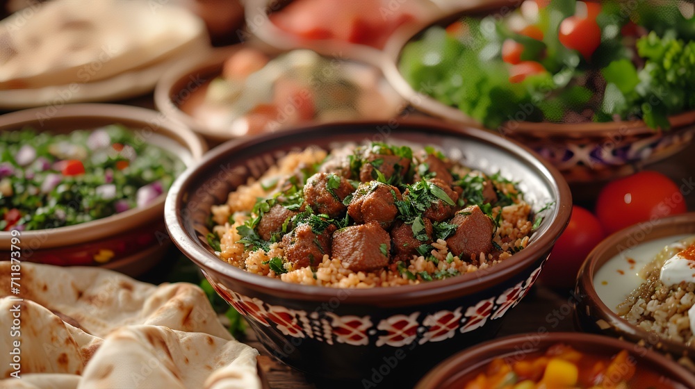Traditional bulgur with meatballs and vegetables in a bowl on a wooden table